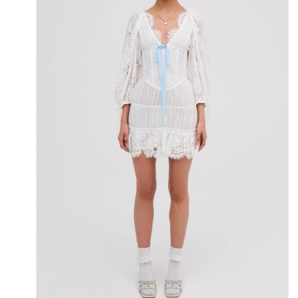 NEW FOR LOVE AND LEMONS ELLIS WHITE SHIRRED MINI DRESS SIZE M - Picture 1 of 13